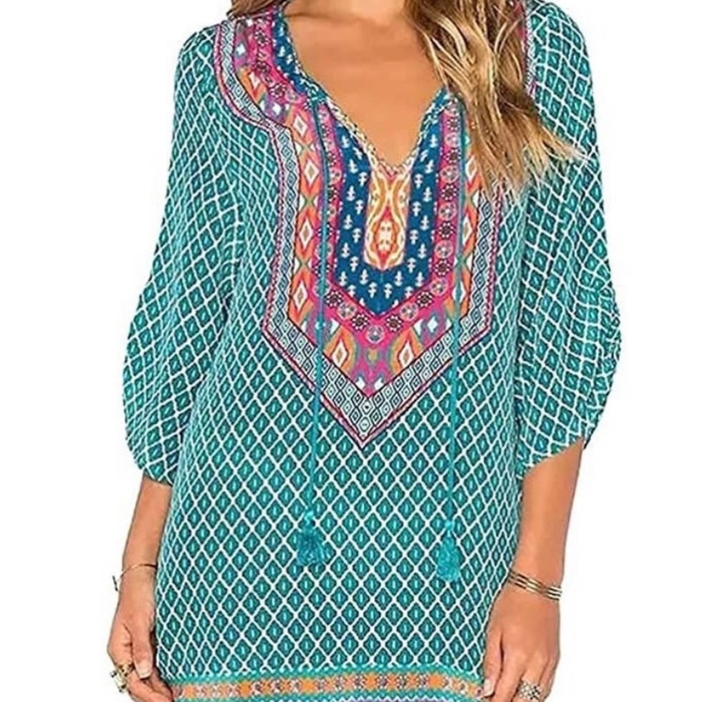 Chic Breezy Teal and Pink Women's Boho Tunic by Urban Coco Sz 3X